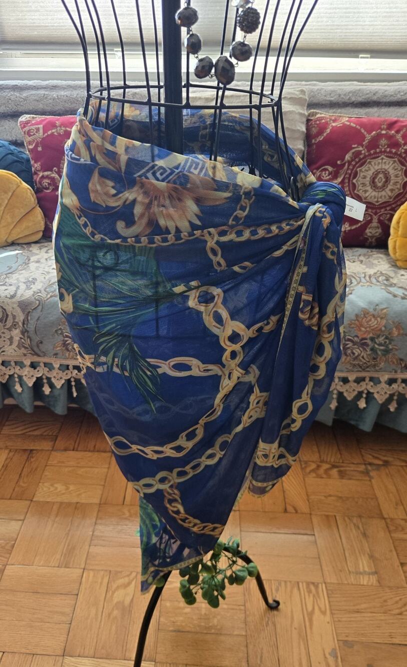 Sheer Blue And Gold Chain Large Beach Cover Up Scarf Shawl Wrap